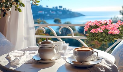 beautiful morning cup of coffee by the sea in Portofino romantic resort at summer holiday 
