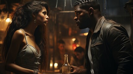 A young black couple arguing in a restaurant. Generative AI. 