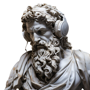 Naklejka Ancient greek Zeus sculpture wearing headphones, marble sculpture, modern art, ai generated