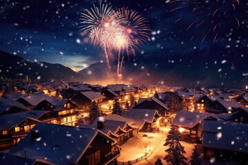 Winter fireworks over snow-covered landscape on Christmas Eve to ring in the New Year