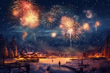 Fototapeta na wymiar Winter fireworks over snow-covered landscape on Christmas Eve to ring in the New Year