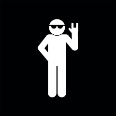 
flat man vector illustration on black background. avatar of a tough guy with glasses showing thumbs up. rock sign or symbol. boy