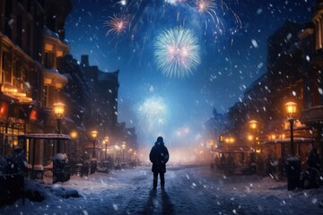 Winter fireworks over snow-covered landscape on Christmas Eve to ring in the New Year