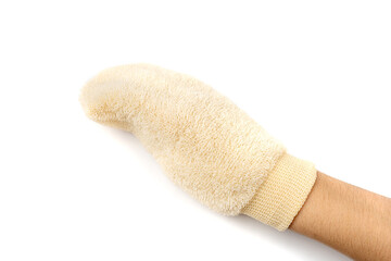 Fototapeta na wymiar Bath Glove, Natural Beige Wash Mitt for Spa, Massage, Healthy Skin, Shower Glove