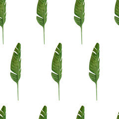 Seamless pattern on a white background. Tropical leaves in green color hand drawn in watercolor on a white background. Suitable for printing on fabric, paper, wallpaper, textiles.