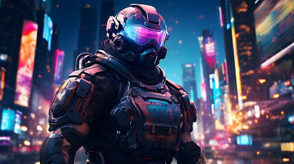 Ein moderner Soldat in einer Rüstung steht in einer Stadt im neondurchfluteten Stil Cyberpunkt 2077 Futuristischer Hintergrund Generative AI - obrazy, fototapety, plakaty