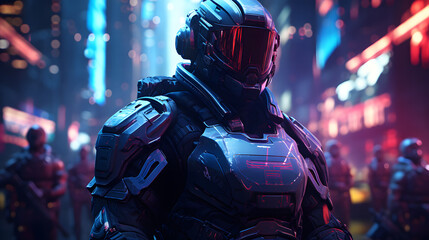 Ein Mann in einem futuristischen Anzug steht in der Nähe einer Neonstadt im Cyberpunk Stil Futuristischer Hintergrund Generative AI