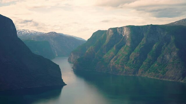 Aurlandsfjord fjord amazing landscape, Norway Scandinavia. National tourist route Aurlandsfjellet