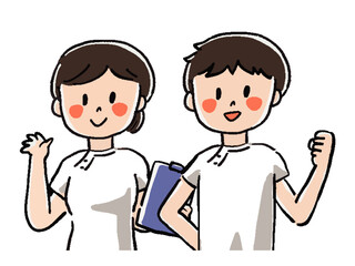 ゆるいタッチ 笑顔の手描き風の看護師男性と女性のイラスト