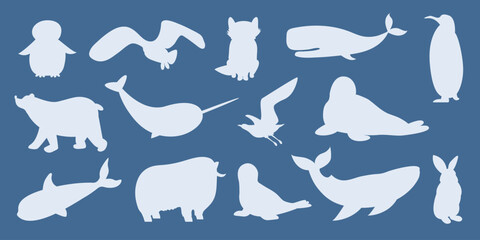 Vector set of silhouettes of polar animals, marine mammals and birds. Whale, narwhal, walrus, polar owl, polar bear, penguins. Vector illustration in flat style. Banner, poster. Isolated objects.  © Hanna Bykova