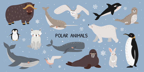 Vector illustration of cute polar animals, marine mammals and birds. Large set of wild Arctic animals. Whale, narwhal, walrus, polar owl, polar bear, penguins. Vector illustration in flat style.Banner © Hanna Bykova