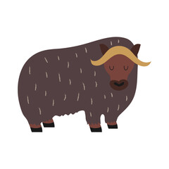 Cute musk ox. Arctic wild animal.  Vector illustration in flat style. White isolated background.