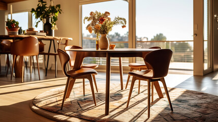 an elegant dining room with chairs on the table and a view of the outdoor window - Genrative AI