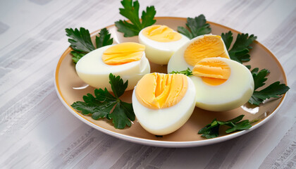 Boiled eggs in a bowl decorated with parsley leaves