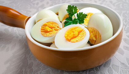 Boiled eggs in a bowl decorated with parsley leaves