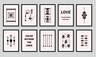 Abstract creative black and white retro signs and symbols wall art frames set design element on gray background