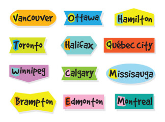 Colorful cute Canada big cities names labels and stickers set on white background