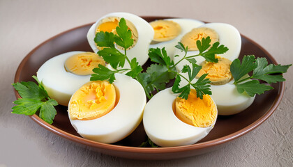 Boiled eggs in a bowl decorated with parsley leaves