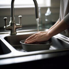 Close up hands of housewife washing dishes in at the kitchen sink.Generative AI
