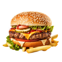 a Cheeseburger with French fries in a Food-themed, photorealistic illustration in a PNG, cutout, and isolated. Generative AI