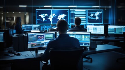 Network operations center ( NOC) with technicians monitoring network traffic, troubleshooting issues, and ensuring network performance