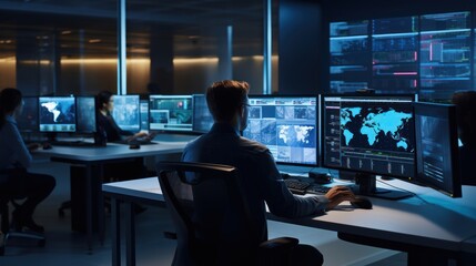 Network operations center ( NOC) with technicians monitoring network traffic, troubleshooting issues, and ensuring network performance