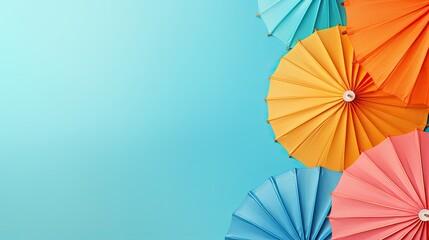 a horizontal format of Oriental umbrellas in a blue background with space for copy in Ad design-themed, photorealistic illustrations in JPG. Generative ai