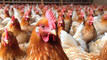 Fototapeta premium chickens in a chicken coop at a poultry farm. Generative AI