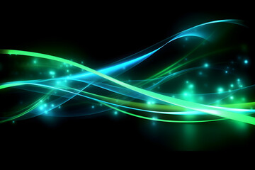 vibrant blue and green high speed glowing light lines on black background, generative ai 