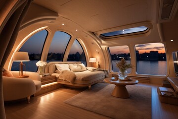 Wide-angle photo of an interior of a luxurious boat cabin. Luxurious yacht cabin,