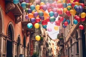 Colorful image of many balloons on a street