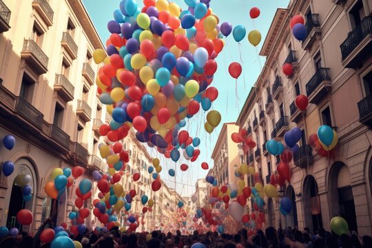 Colorful image of many balloons on a street