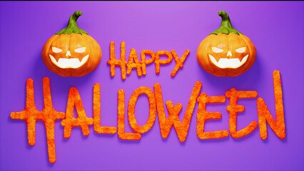 3d rendering of pumpkins with smile next to happy halloween text, purple stage, party and fun theme