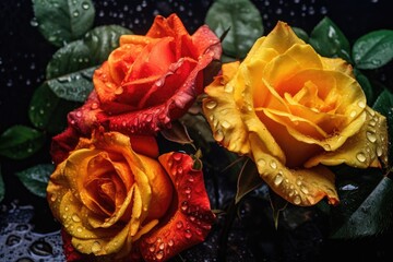 Blooming yellow and red rose flowers