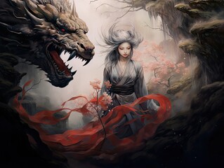 Legendary Chinese Dragon and a Silver Haired Woman in traditional Hanfu in a dark sakura forest, dark fantasy painting, red, pink, black, grey, generative AI