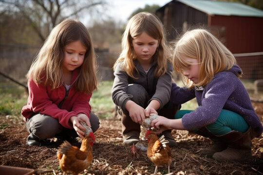 happy children at the livestock farm rejoice and help their parents. Generative AI