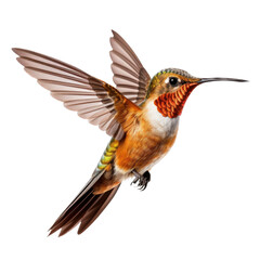 Fototapeta premium a Allen's Hummingbird Selasphorus sasin in flight, iridescent feathers a copper flash in a Nature-themed, photorealistic illustration in a PNG, cutout, and isolated. Generative AI
