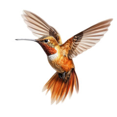 a Allen's Hummingbird Selasphorus sasin in flight, iridescent feathers a copper flash in a Nature-themed, photorealistic illustration in a PNG, cutout, and isolated. Generative AI
