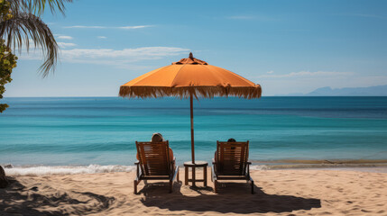Fototapeta na wymiar Summer Paradise. Beachfront-Themed Empty Background with Beach Chairs and Umbrellas by the Sea. AI Generative Scene