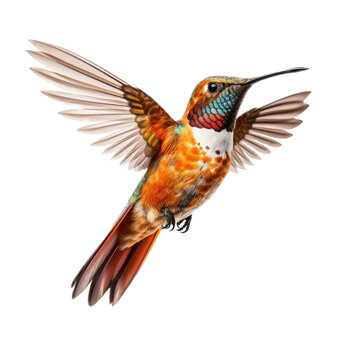 a Allen's Hummingbird Selasphorus sasin in flight, iridescent feathers a copper flash in a Nature-themed, photorealistic illustration in a PNG, cutout, and isolated. Generative AI