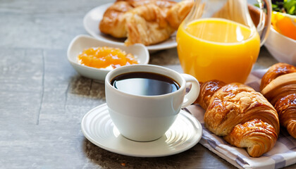 Continental breakfast with fresh croissants, orange juice and coffee, selective focuse. - obrazy, fototapety, plakaty