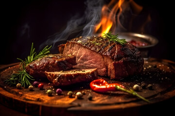 grilled meat with chilies on a plate on fire, generative ai