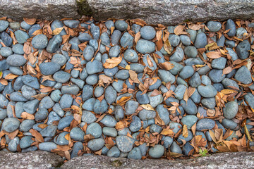 A photograph of gravel taken vertically. Autumn or winter, Japanese temple, dead leaves. Asian oriental background with copy space.