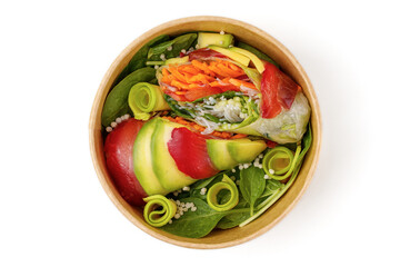 spring rolls with salmon gravlax and funchoza white background for restaurant menu online delivery