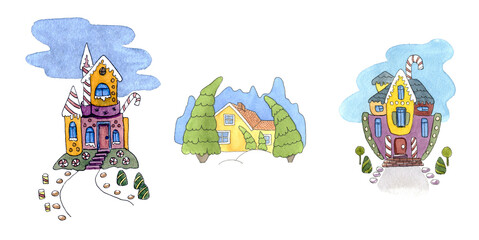 Watercolor Houses Fairy Tale Castle Architecture Cartoon Illustration Set