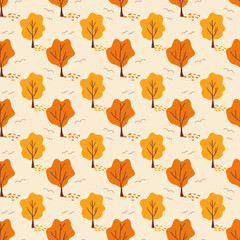 Pattern with autumn trees. Nature illustration. Vector. Yellow-orange forest.For fabrics, covers, decorative design, packaging.