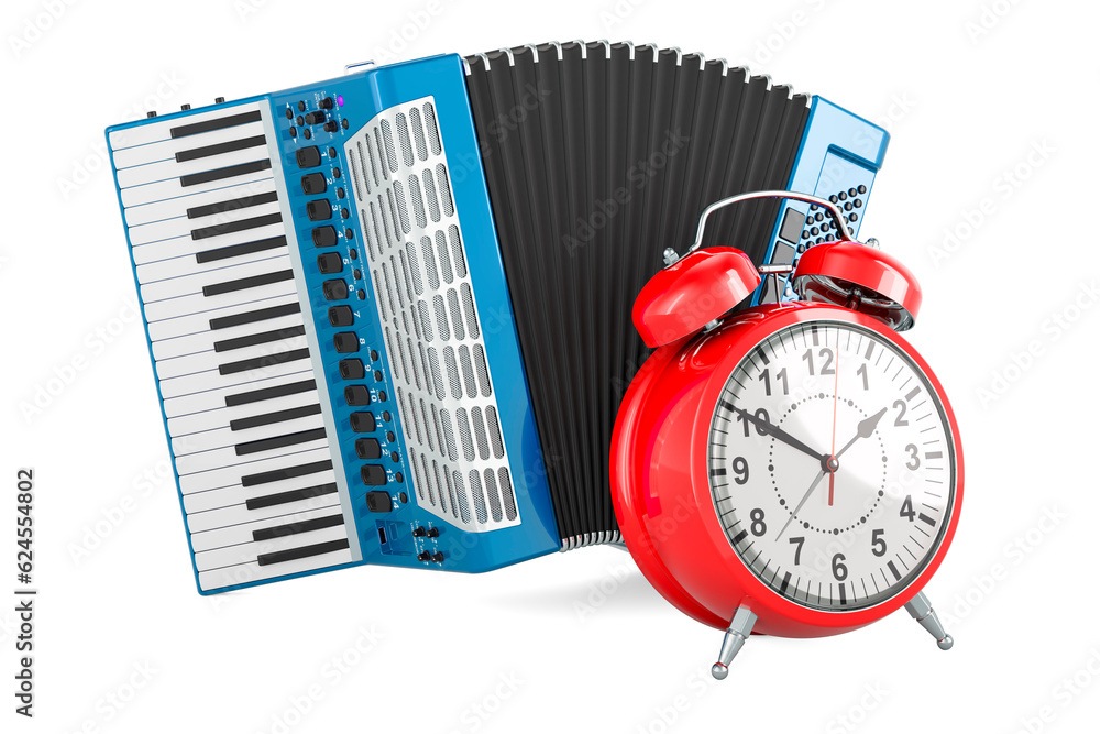Poster piano accordion with alarm clock, 3d rendering