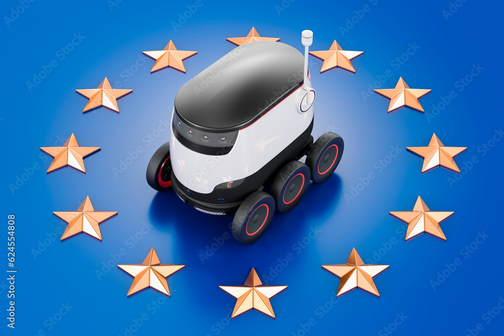 Poster autonomous delivery robot on the european union flag, 3d rendering