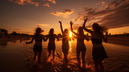 Sunset Farewell. Group of friends saying goodbye to the beach at sunset. Friendship and memories concept. AI Generative