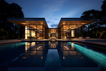 Fototapeta premium Modern House at night with blue sky with big swimming pool, generative ai